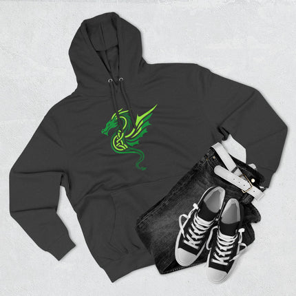 Green Celtic knotwork dragon graphic on a black pullover hoodie. Mythology apparel.