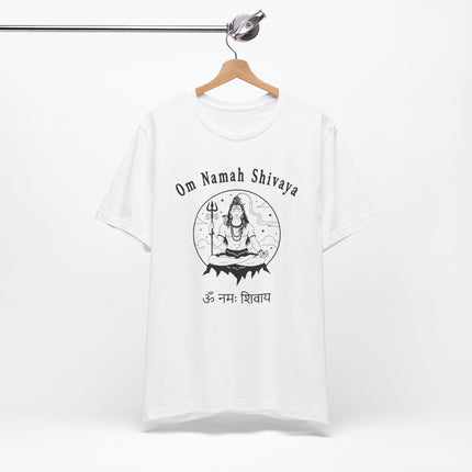 Om Namah Shivaya Lord Shiva mantra graphic tee shirt design featuring meditating Shiva.