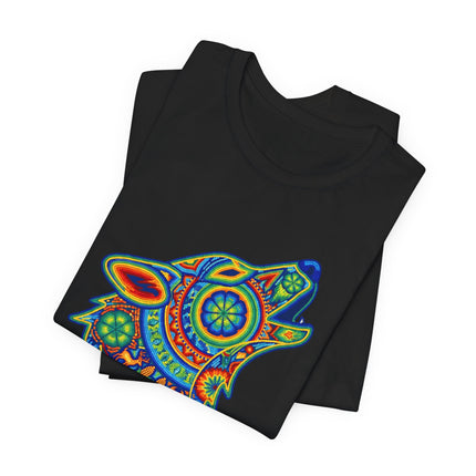 Huichol-inspired mosaic howling wolf graphic tee with vibrant tribal geometric patterns.