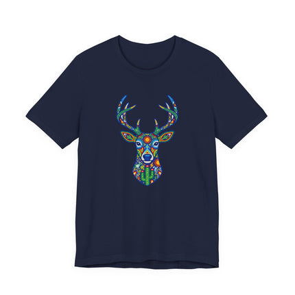 Colorful Huichol deer head graphic tee, featuring vibrant Mexican indigenous folk art design.