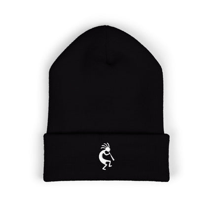 Kokopelli Embroidered Cuffed Beanie with White Flute-Player Silhouette