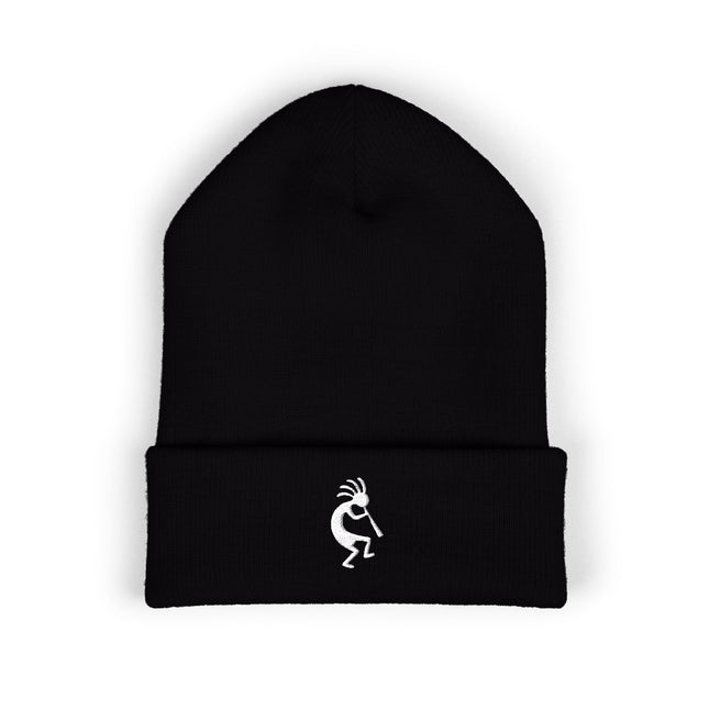 Kokopelli Embroidered Cuffed Beanie with White Flute-Player Silhouette