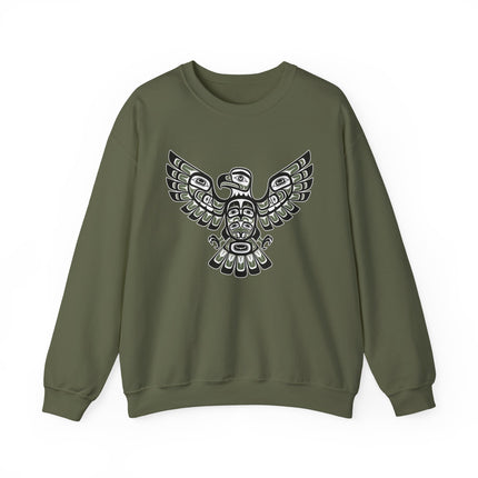Pacific Northwest tribal eagle graphic on an olive green sweatshirt.
