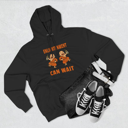 Black hoodie with cartoon monks drinking and the funny quote, "Enlightenment Can Wait.