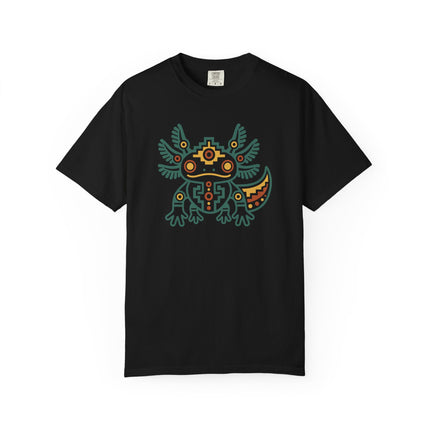 Aztec Axolotl T-Shirt | Geometric Salamander Design in Green and Gold Tee