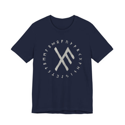 Norse rune graphic tee featuring a central symbol and surrounding runic circle design.