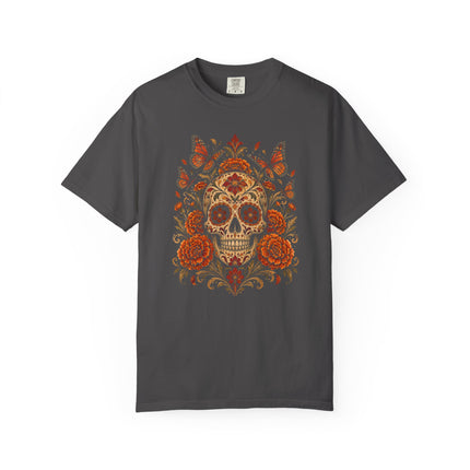 Skull with Marigolds and Butterflies T-Shirt | Floral Calavera Art