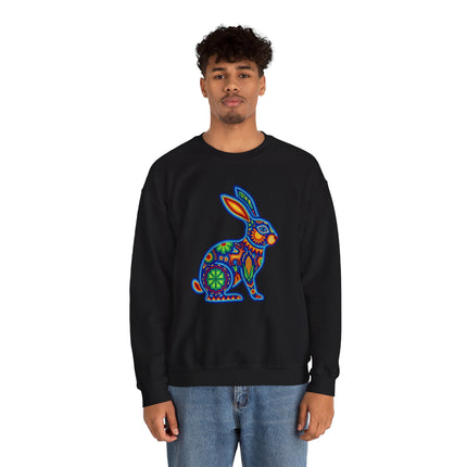 Mexican folk art beaded rabbit design on black unisex sweatshirt.