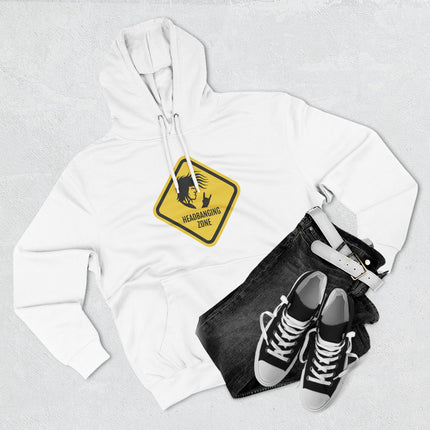 Headbanging Zone warning sign graphic on a white rock music hoodie featuring a metal silhouette.