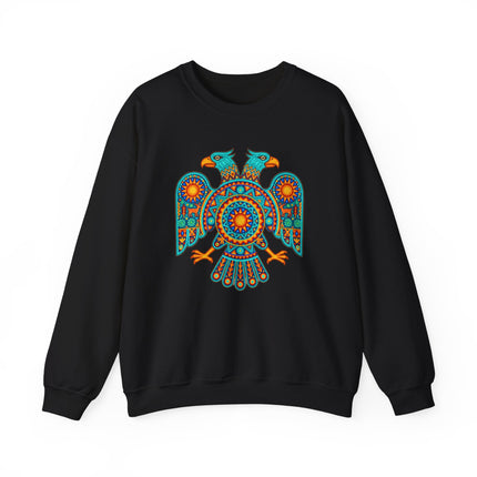 Vibrant two-headed eagle graphic on black sweatshirt, inspired by Mexican Huichol indigenous art.