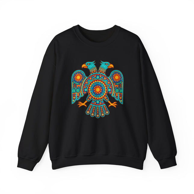 Vibrant two-headed eagle graphic on black sweatshirt, inspired by Mexican Huichol indigenous art.