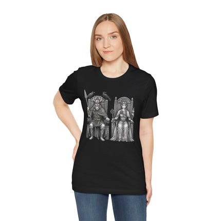 Odin and Frigg Norse gods graphic tee featuring Viking mythology and divine art.