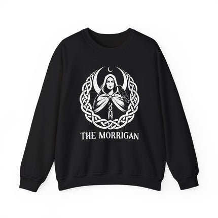 Celtic Goddess Morrigan graphic on black sweatshirt with knotwork, moon, and raven motif.