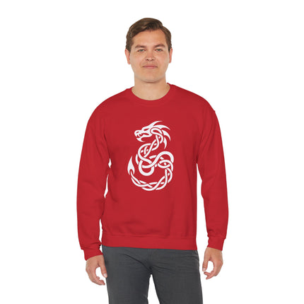 Celtic dragon knotwork graphic on a red pullover sweatshirt.