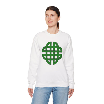 Green Celtic knotwork shield graphic on a white unisex sweatshirt.