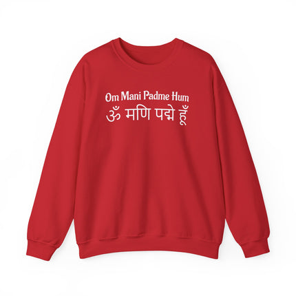 Om Mani Padme Hum Buddhist mantra sweatshirt featuring Sanskrit script.