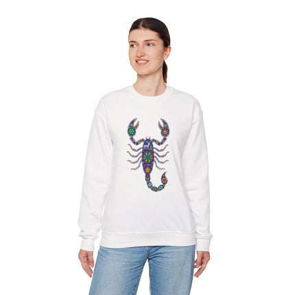 Mexican Huichol art scorpion graphic on white unisex sweatshirt.