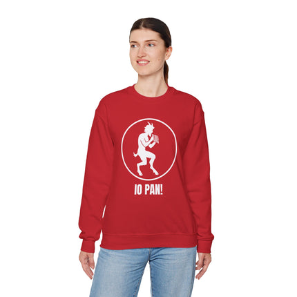 Red sweatshirt featuring the IO PAN! satyr silhouette graphic, referencing Greek mythology.