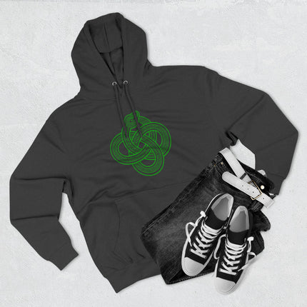 Green Celtic Ouroboros knotwork design on a black pullover hoodie.