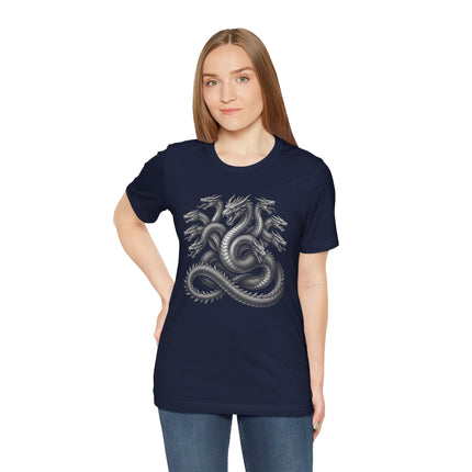 Multi-headed hydra dragon illustration on a dark blue graphic t-shirt.