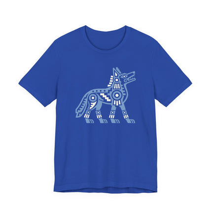 Aztec Coyote T-Shirt | Blue Geometric Mesoamerican Animal Art Tee