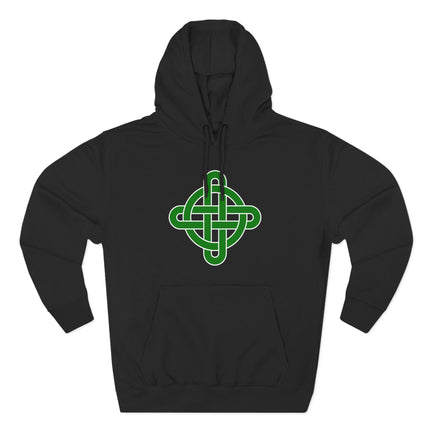 Green Celtic knot symbol graphic on a black pullover hoodie.