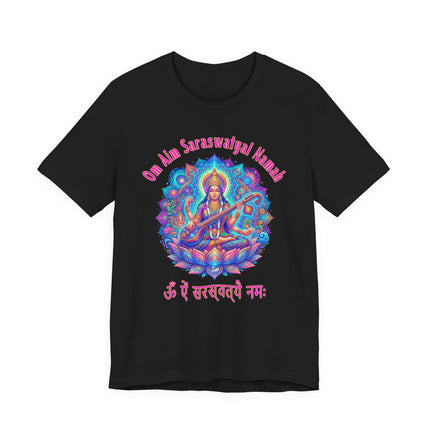 Saraswati Goddess mandala t-shirt with Om Aim Saraswatyai Namah mantra print.