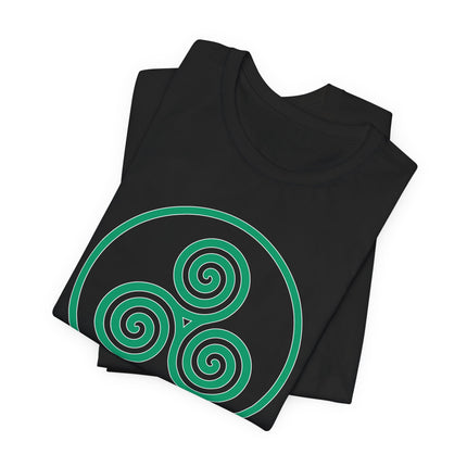 Black t-shirt featuring a green Celtic triskele triple spiral knot design.