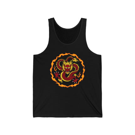 Fiery red dragon graphic with flames, symbolizing Chinese mythology, on black apparel.