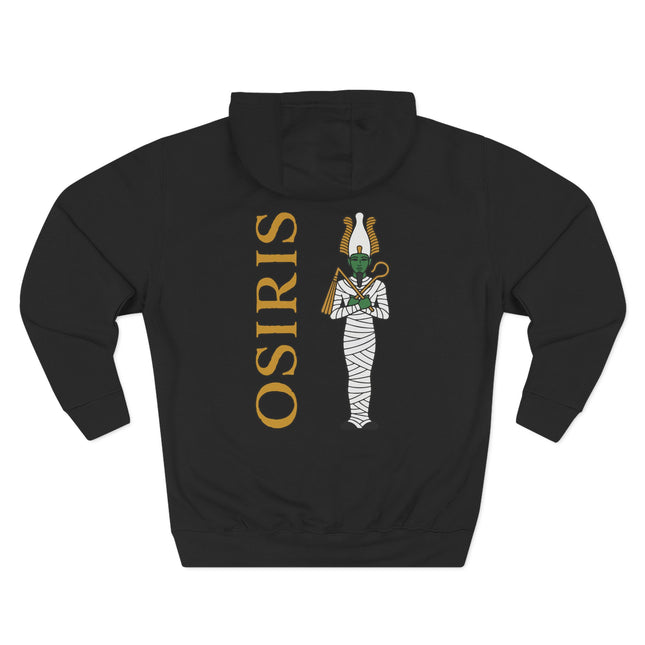 Osiris Egyptian god graphic and name printed on black hoodie. Ancient mythology apparel.
