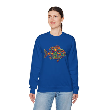 Blue sweatshirt featuring a vibrant Huichol Mexican folk art fish design.