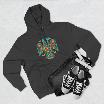 Vibrant two-headed eagle mandala graphic on black hoodie, featuring Mexican folk art and cultural symbolism.
