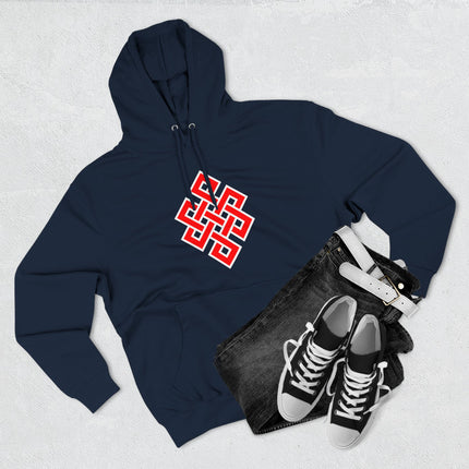 Navy hoodie featuring a red Endless Knot Buddhist symbol graphic.