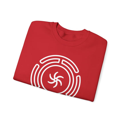 Hekate's Wheel symbol graphic on a red unisex sweatshirt, featuring Greek goddess mythology design.