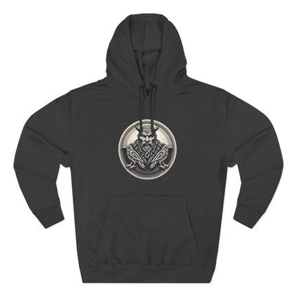 Norse Odin raven emblem graphic on black hoodie. Viking mythology apparel.