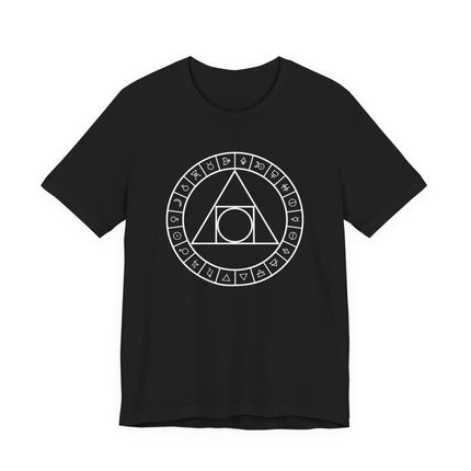 Philosopher's Stone alchemy symbols and sacred geometry graphic on a black t-shirt.