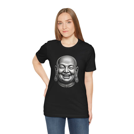 Laughing Buddha head illustration graphic on a black t-shirt, symbolizing Zen and good fortune.