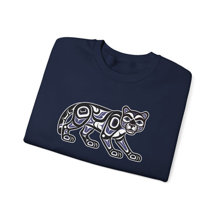 Northwest Coast cougar formline art graphic pullover sweatshirt featuring indigenous style.