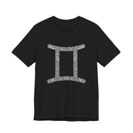 Tribal Gemini zodiac symbol t-shirt featuring Polynesian-inspired astrology art.