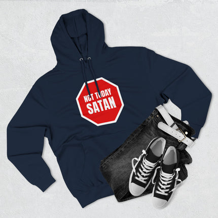 Not Today Satan" stop sign graphic on a navy blue pullover hoodie.