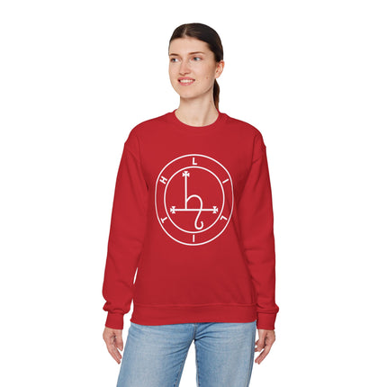 Red sweatshirt featuring the white Lilith sigil occult symbol. Witchy graphic apparel.