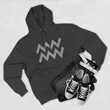 Astrology Aquarius zodiac symbol hoodie with geometric tribal pattern design.