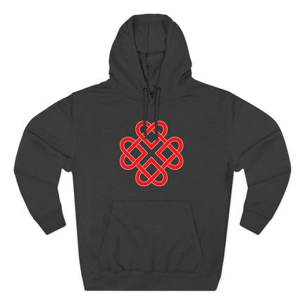 Red Celtic knot symbol graphic printed on a black pullover hoodie.