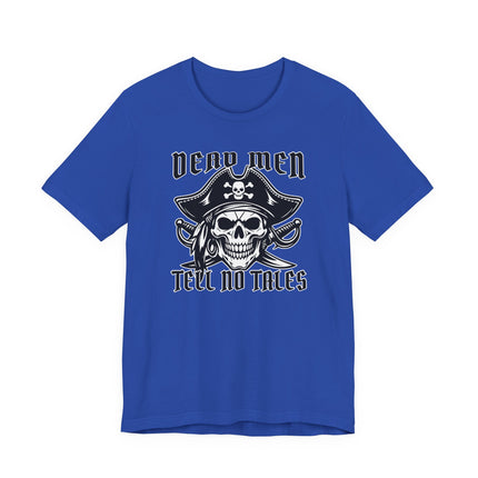 Pirate skull graphic t-shirt featuring "Dead Men Tell No Tales" text and nautical pirate lore.
