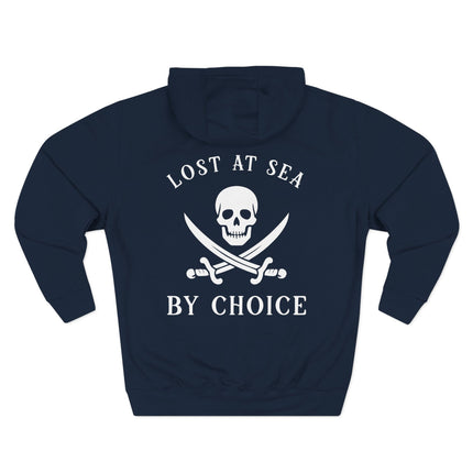 Lost at Sea By Choice" skull and crossbones graphic on a dark hoodie.