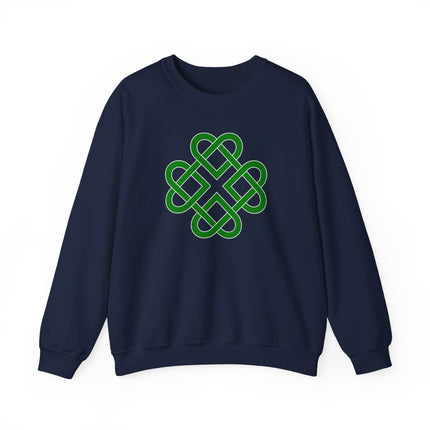 Symbolic green sweatshirt featuring a Celtic knot heart and clover graphic design pullover.