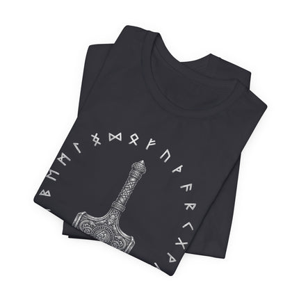 Graphic tee featuring Mjolnir, Thor's hammer, and Norse runes design.