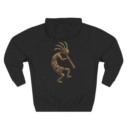 Boho Kokopelli flute player graphic on a black hoodie.