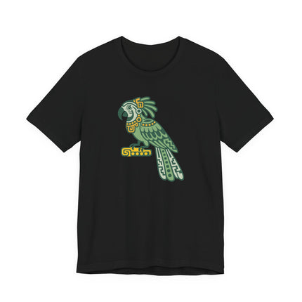 Mayan Parrot T-Shirt | Green and Gold Patterned Perched Bird Tee