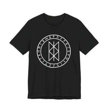 Black t-shirt featuring a Norse rune circle and Web of Wyrd fate symbol.
